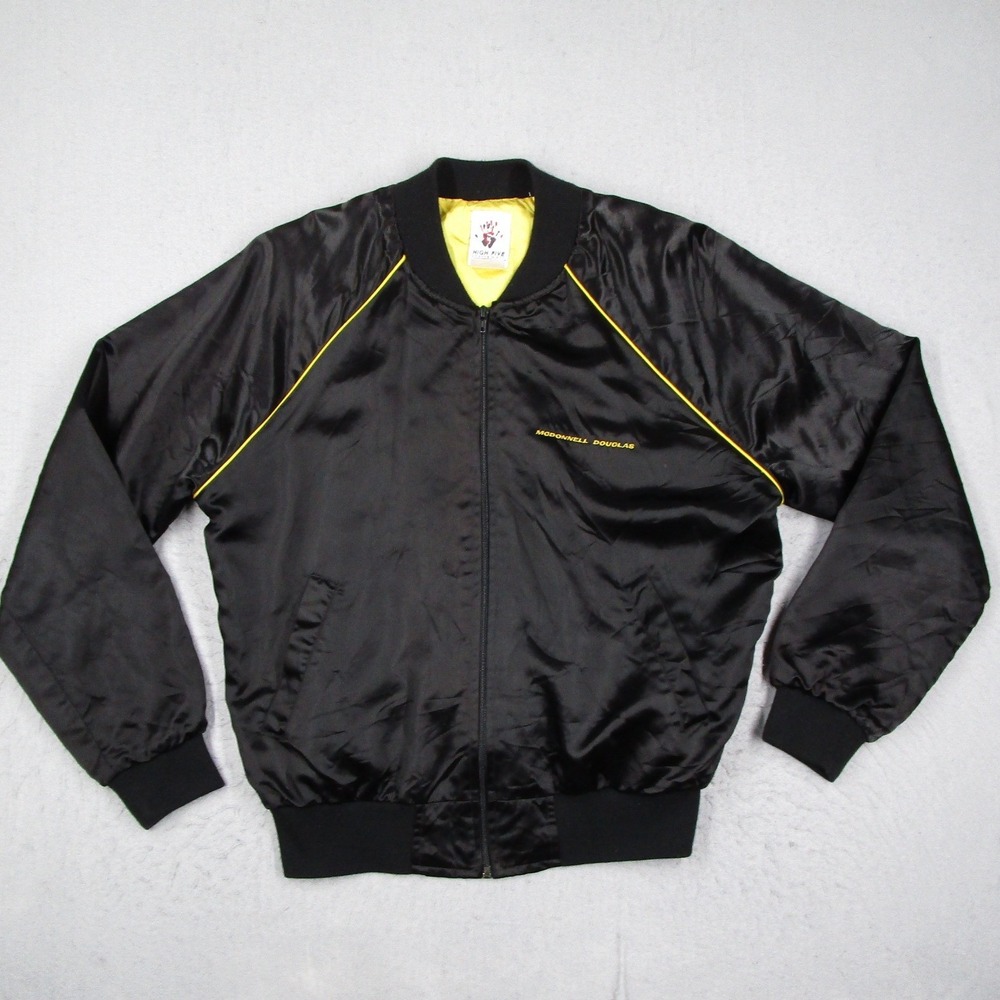 Vintage High Five McDonnell Douglas C-17 Bomber Jacket Mens Black Satin USA Made